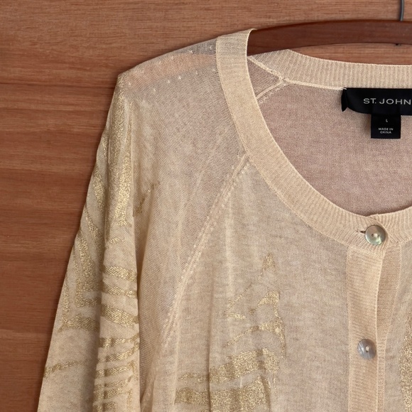 ST. JOHN Beige Semi-Sheer Thin Knit Cardigan Sweater Sz L Metallic‎ Gold Print - Picture 2 of 7